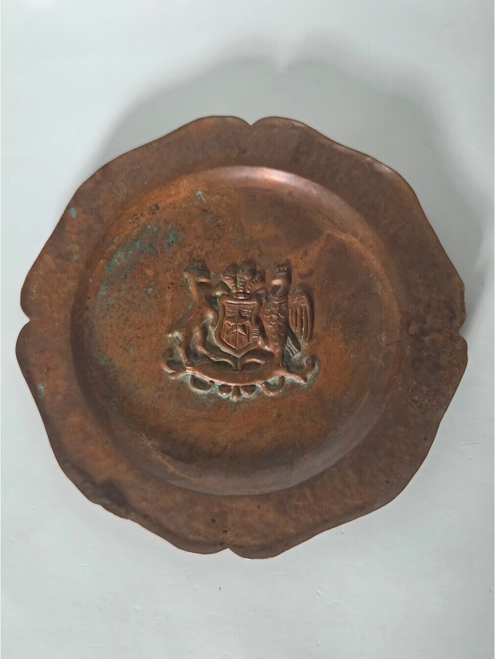 Vintage Hand Made Copper Plate With Embossed Crest Marked England